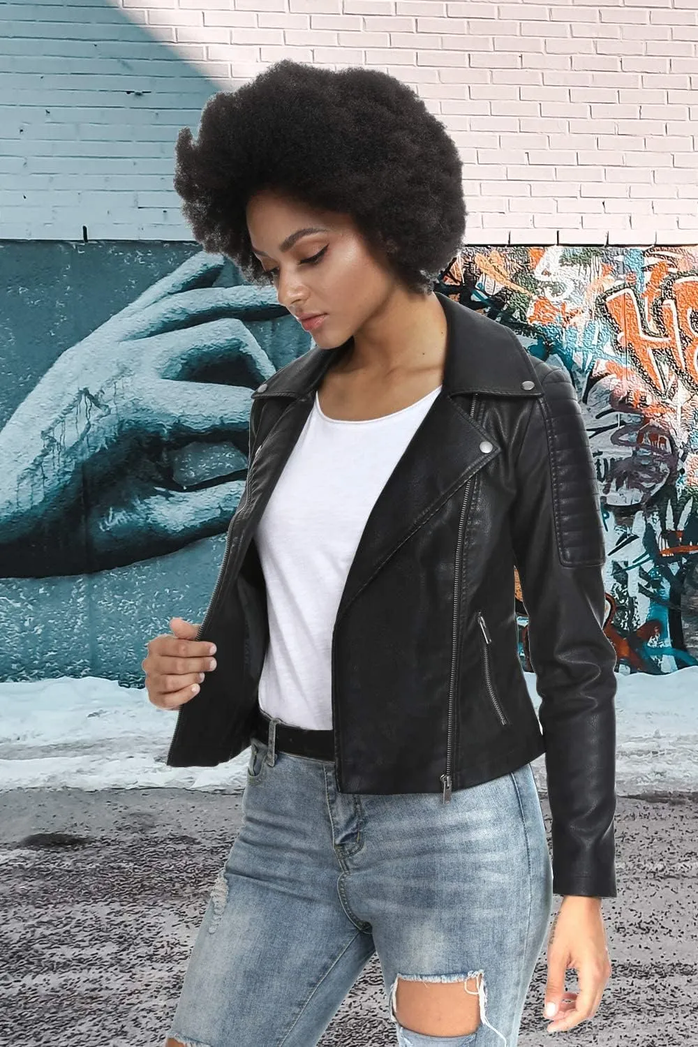 Fahsyee Women's Faux Leather Jackets, Zip Up Motorcycle Short PU Moto Biker Outwear Fitted Slim Coat