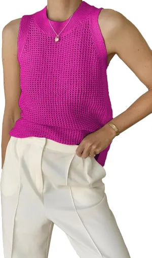 Famulily Women's Summer Knit Tank Top Sleeveless Hollow Out Tops Round Neck Crochet Knitted Cami Shirts