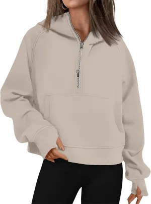 fanmpghleoo Oversized Hoodies for Women Half Zip Mock Neck Fleece Hooded Sweatshirt Loose Fit Thumb Hole Pullover Hoodie