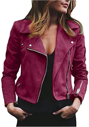 Faux Leather Jacket Women, Women's Motorcycle Jackets Fitted Slim Short Coat Moto Biker Zip Up Outwear Tops