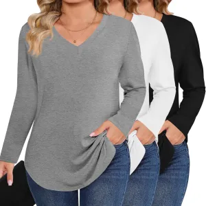Ficerd 3 Pack Women's Plus Size T-Shirts, V Neck Long Sleeve Blouse Shirts Loose Fit Curved Hem Tees Casual Swing Tunic Tops