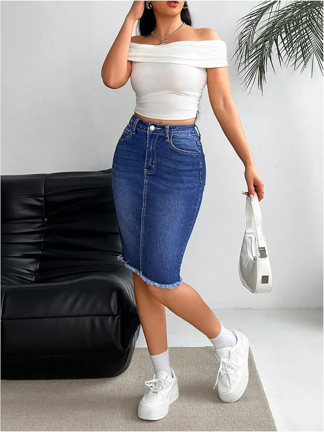 Floerns Women's High Waisted Raw Hem Pencil Denim Skirt Knee Length Jeans Skirts