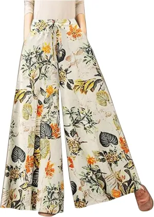 Floral Print Trouser for Women High Waist Drawstring Trouser Causal Loose Wide Leg Pants Bohemia Yoga Pants (Yellow, L)