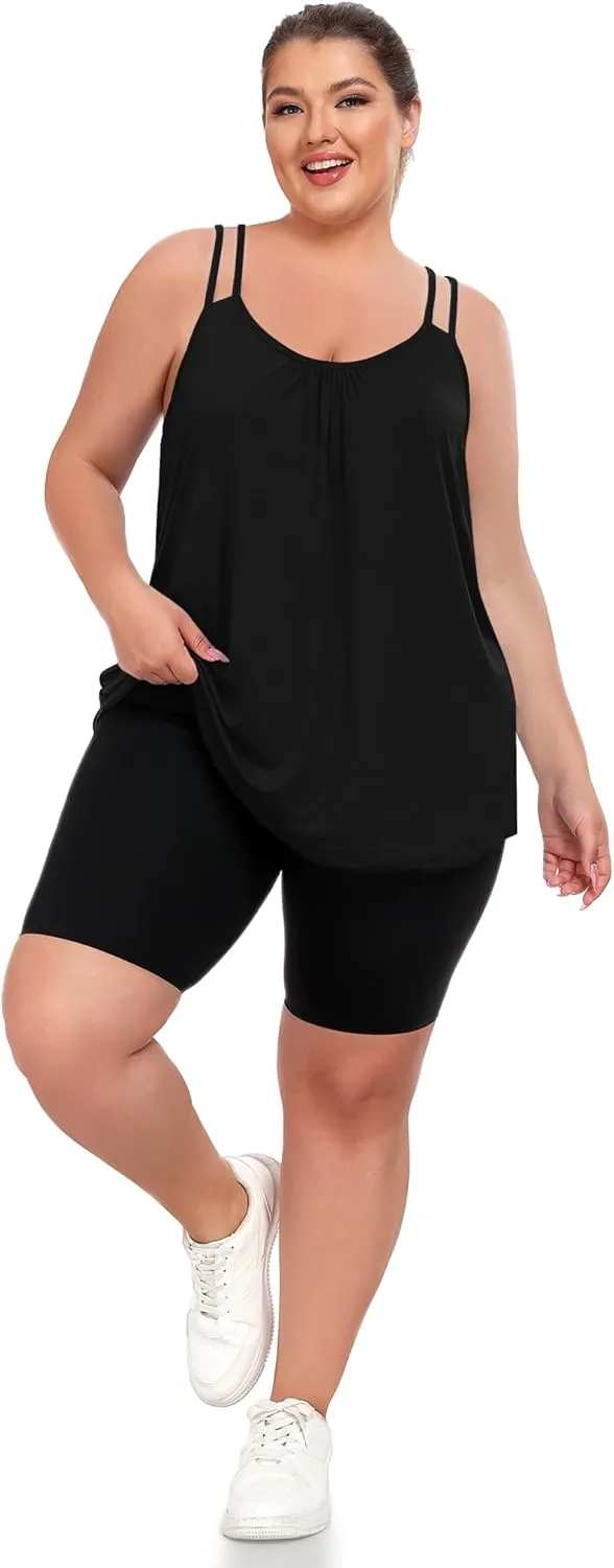 FOREYOND Women's Plus Size Tank Tops with Built in Bra Flowy Racerback Camisole Tops Casual Loose Pleated Summer Shirts