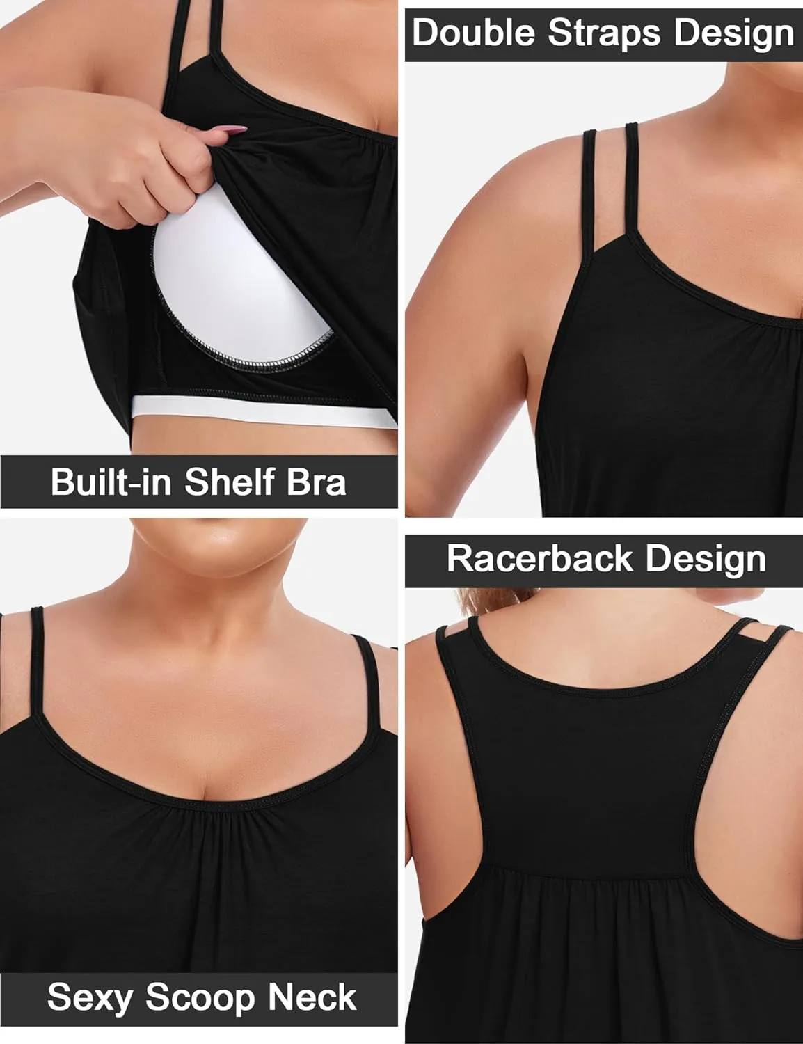 FOREYOND Women's Plus Size Tank Tops with Built in Bra Flowy Racerback Camisole Tops Casual Loose Pleated Summer Shirts