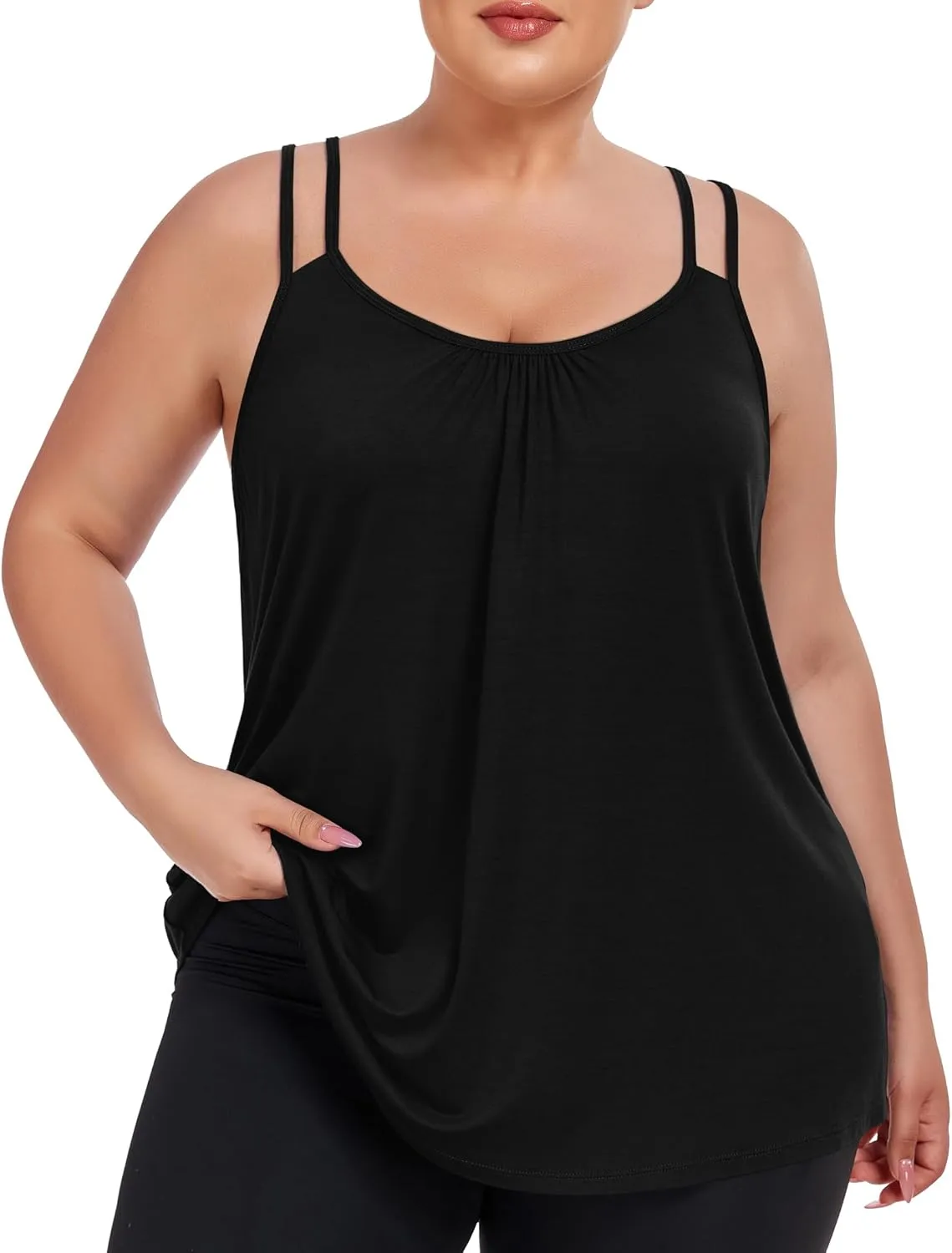 FOREYOND Women's Plus Size Tank Tops with Built in Bra Flowy Racerback Camisole Tops Casual Loose Pleated Summer Shirts