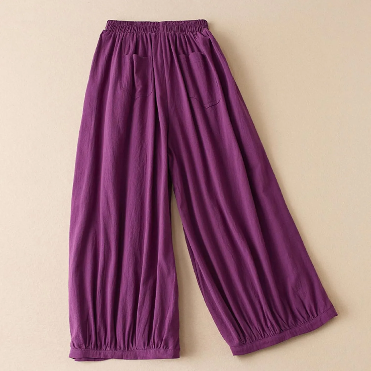 FZYLQY Womens Elastic Waist Linen Trousers with Pockets Loose Wide-Leg Pants for Spring and Summer Casual Comfort Pants
