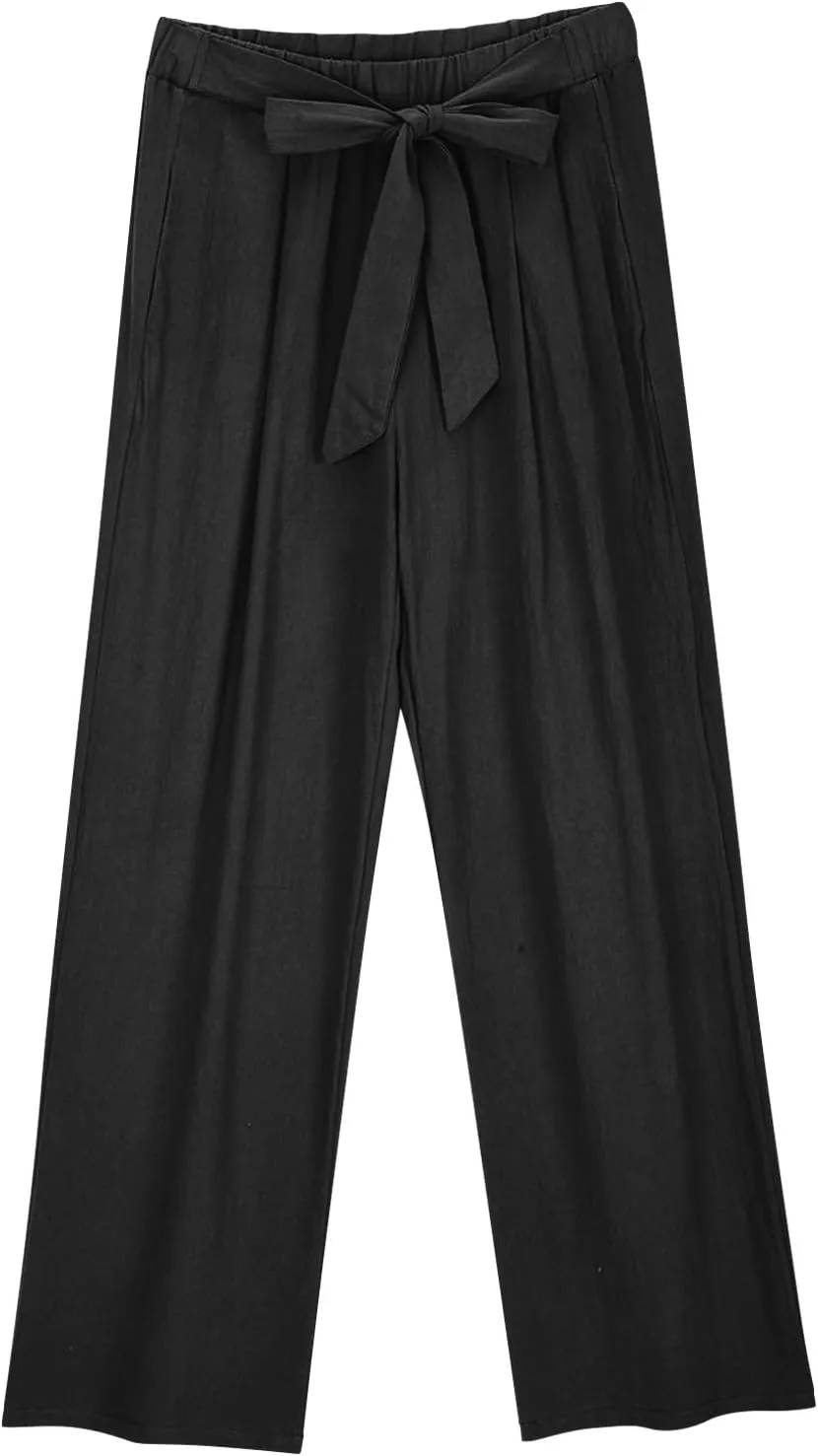 FZYLQY Womens High-Waisted Linen Trousers with Bow Tie Elastic Waist Casual Wide-Leg Pants for Spring and Summer 2025