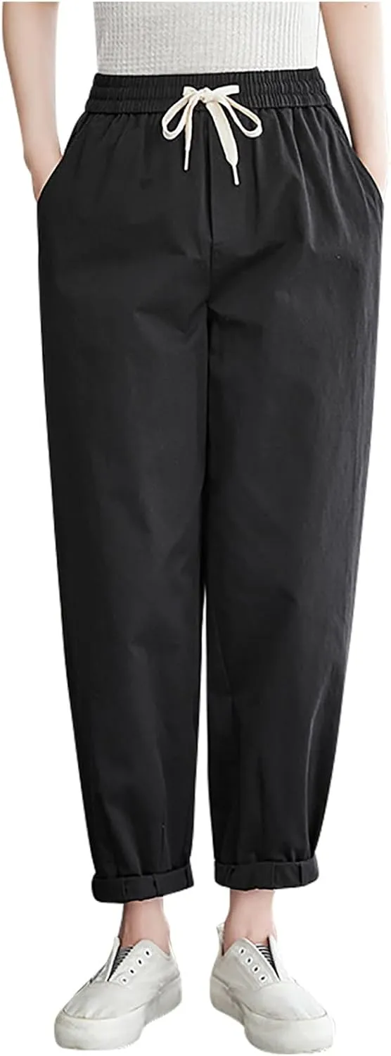 FZYLQY Womens Linen Jogger Pants Drawstring Elastic Waist Trousers Casual Loose Fit Slacks with Pockets for Summer
