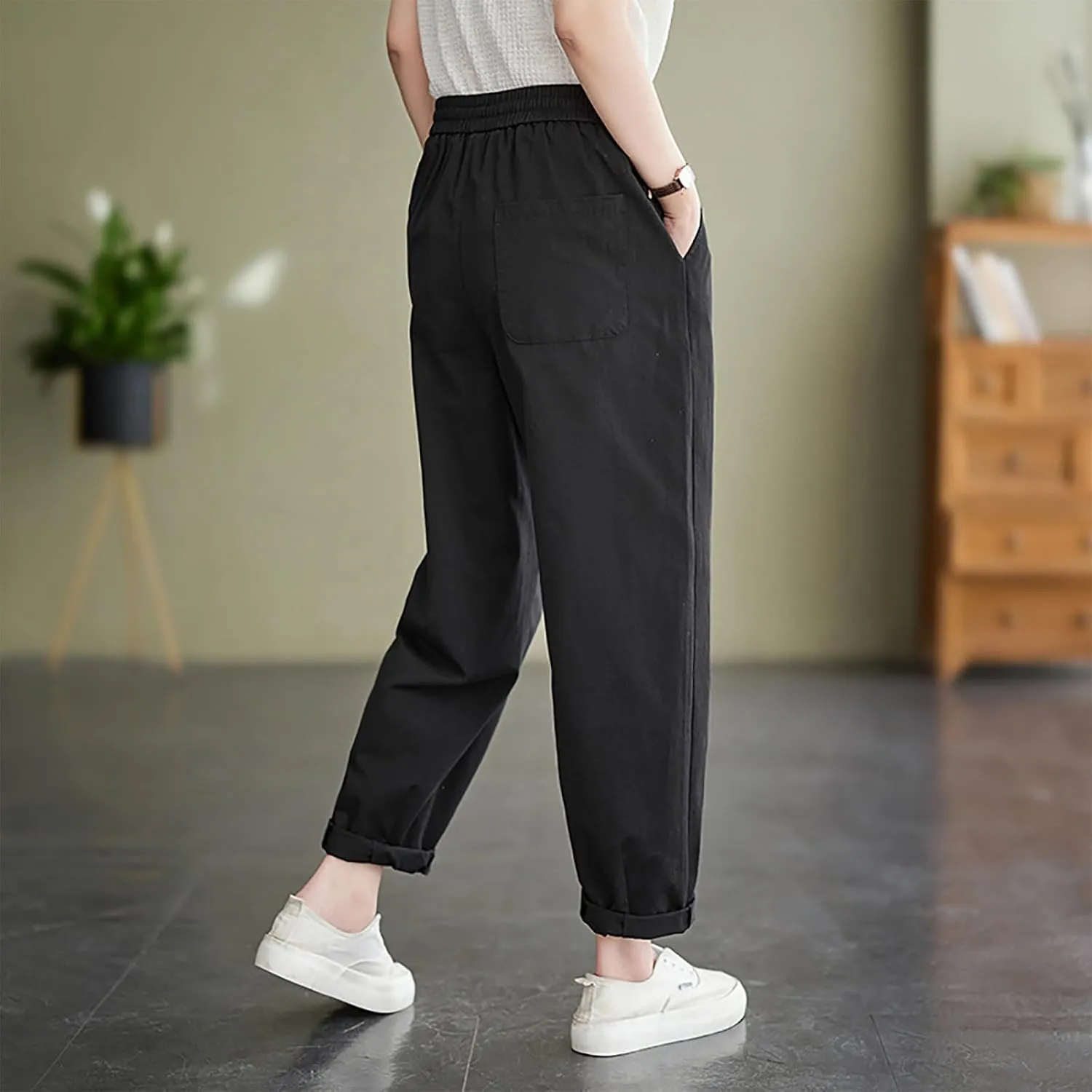FZYLQY Womens Linen Jogger Pants Drawstring Elastic Waist Trousers Casual Loose Fit Slacks with Pockets for Summer