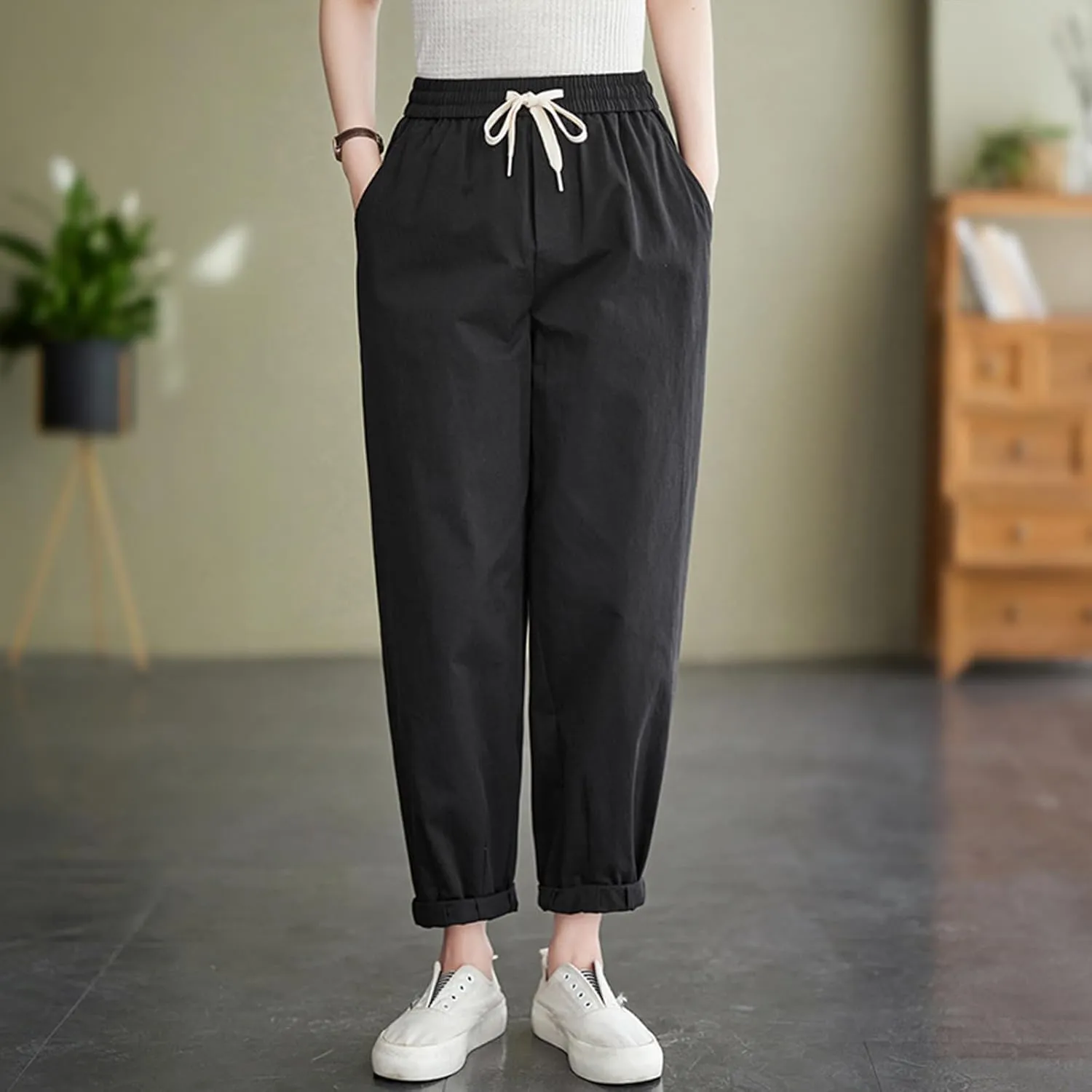 FZYLQY Womens Linen Jogger Pants Drawstring Elastic Waist Trousers Casual Loose Fit Slacks with Pockets for Summer