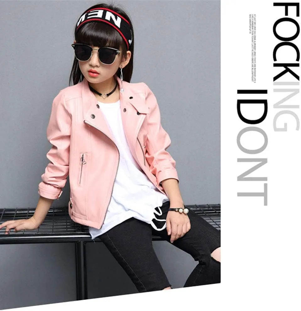 Girls Faux Leather Jackets Children's Zip Up Motorcycle Short PU Moto Biker Outwear Fitted Slim Coat