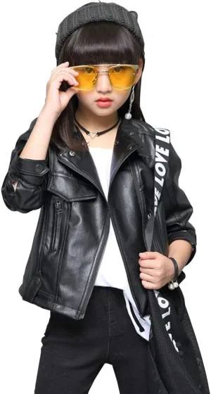 Girls Faux Leather Jackets Children's Zip Up Motorcycle Short PU Moto Biker Outwear Fitted Slim Coat