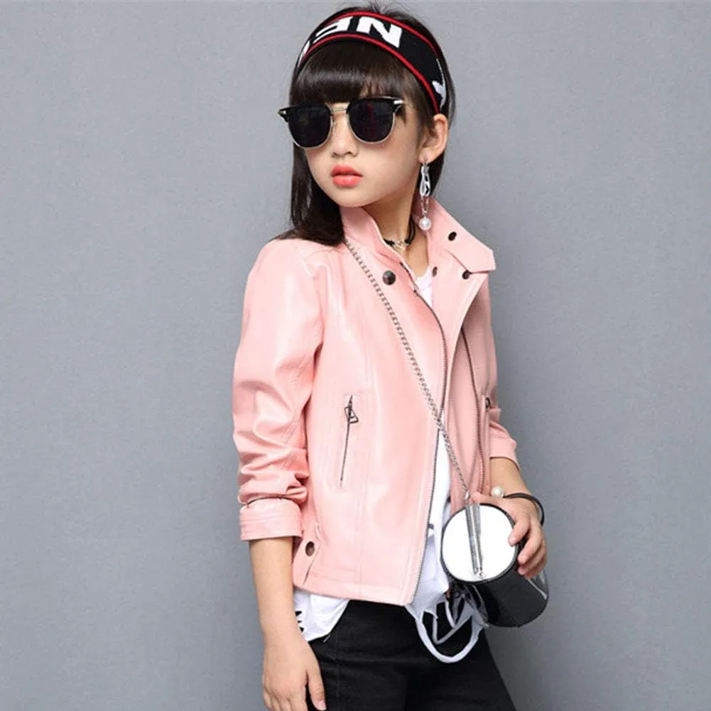 Girls Faux Leather Jackets Children's Zip Up Motorcycle Short PU Moto Biker Outwear Fitted Slim Coat