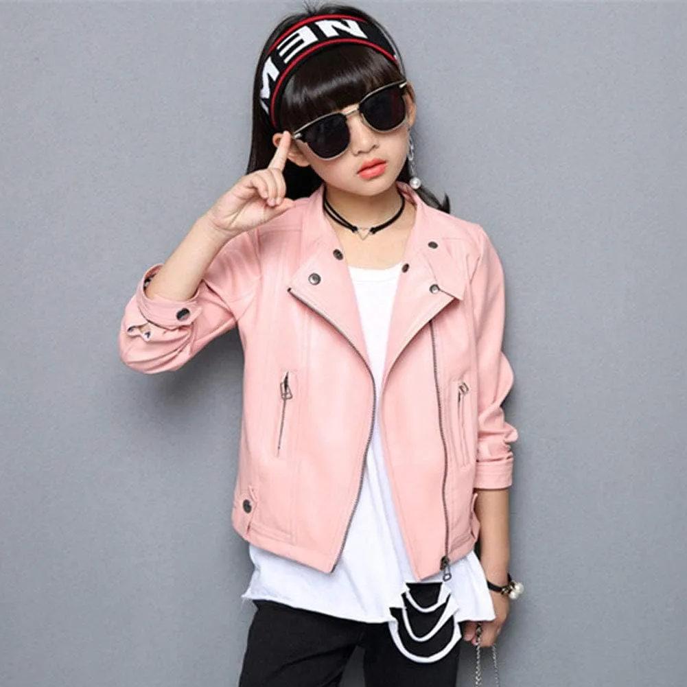 Girls Faux Leather Jackets Children's Zip Up Motorcycle Short PU Moto Biker Outwear Fitted Slim Coat