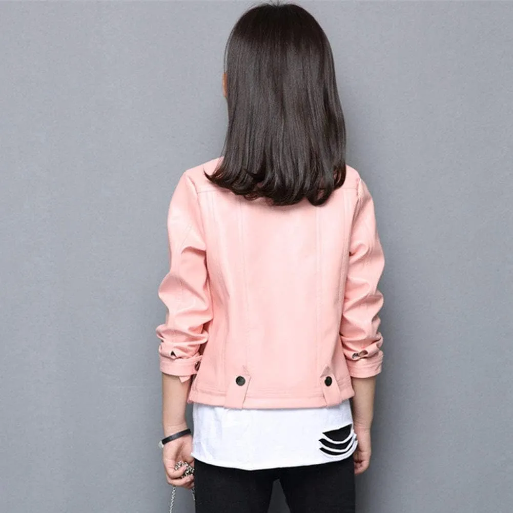 Girls Faux Leather Jackets Children's Zip Up Motorcycle Short PU Moto Biker Outwear Fitted Slim Coat