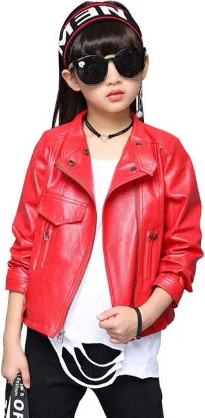 Girls Faux Leather Jackets Children's Zip Up Motorcycle Short PU Moto Biker Outwear Fitted Slim Coat