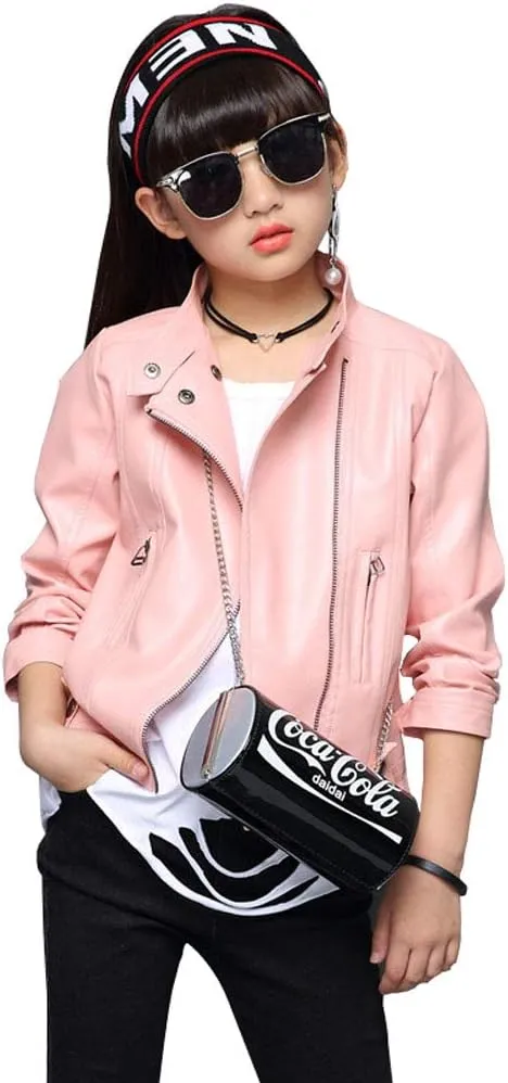Girls Faux Leather Jackets Children's Zip Up Motorcycle Short PU Moto Biker Outwear Fitted Slim Coat