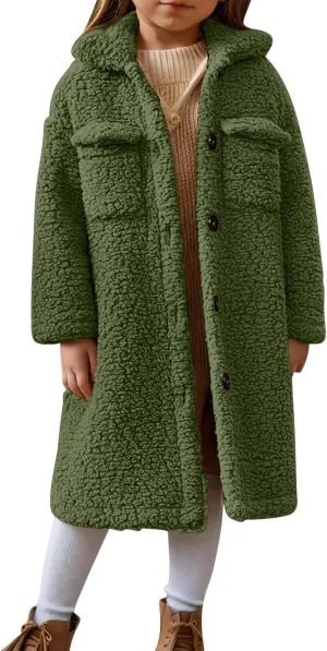 Girls Winter Long Coat Thick Warm Sherpa Teddy Jacket Casual Button Down Fleece Overcoat Faux Fur Outwear 3-12 Years