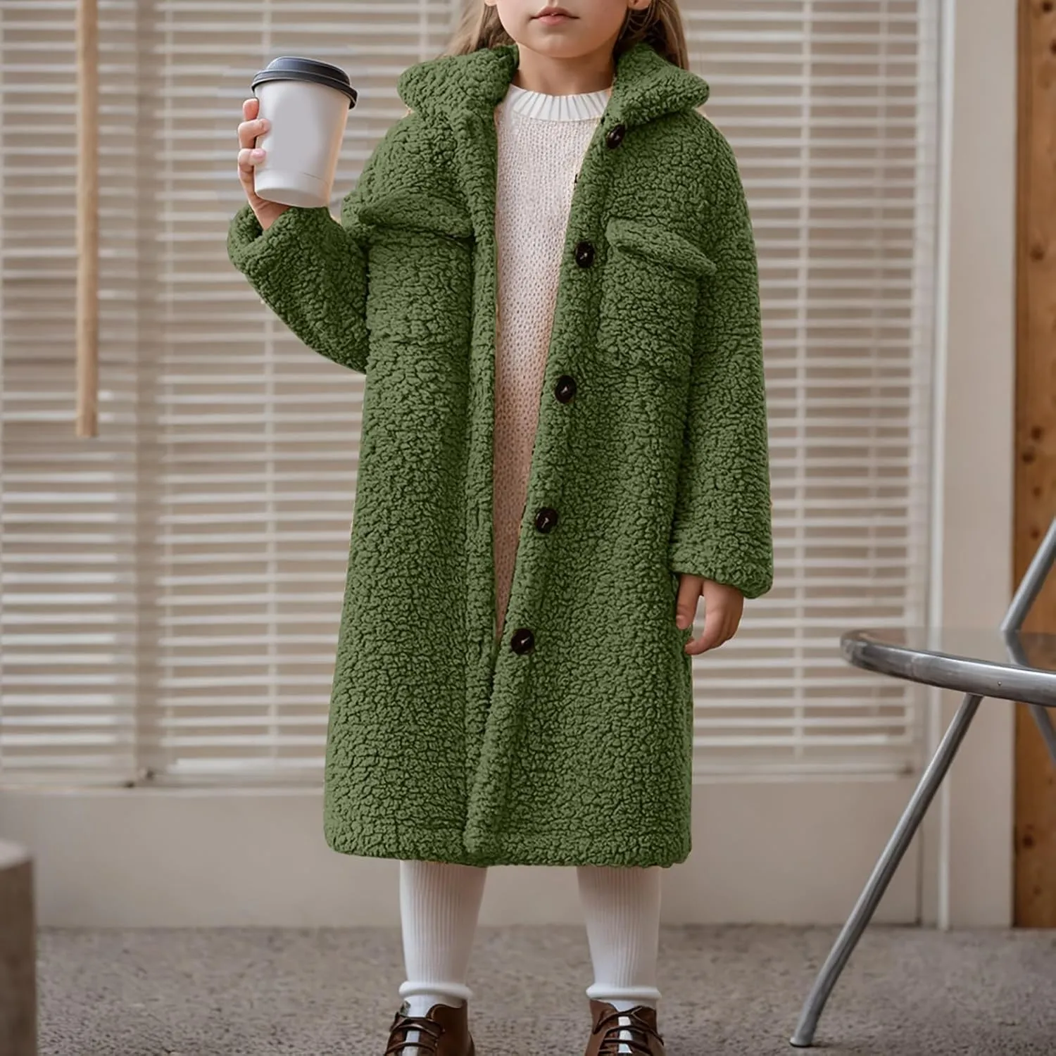 Girls Winter Long Coat Thick Warm Sherpa Teddy Jacket Casual Button Down Fleece Overcoat Faux Fur Outwear 3-12 Years