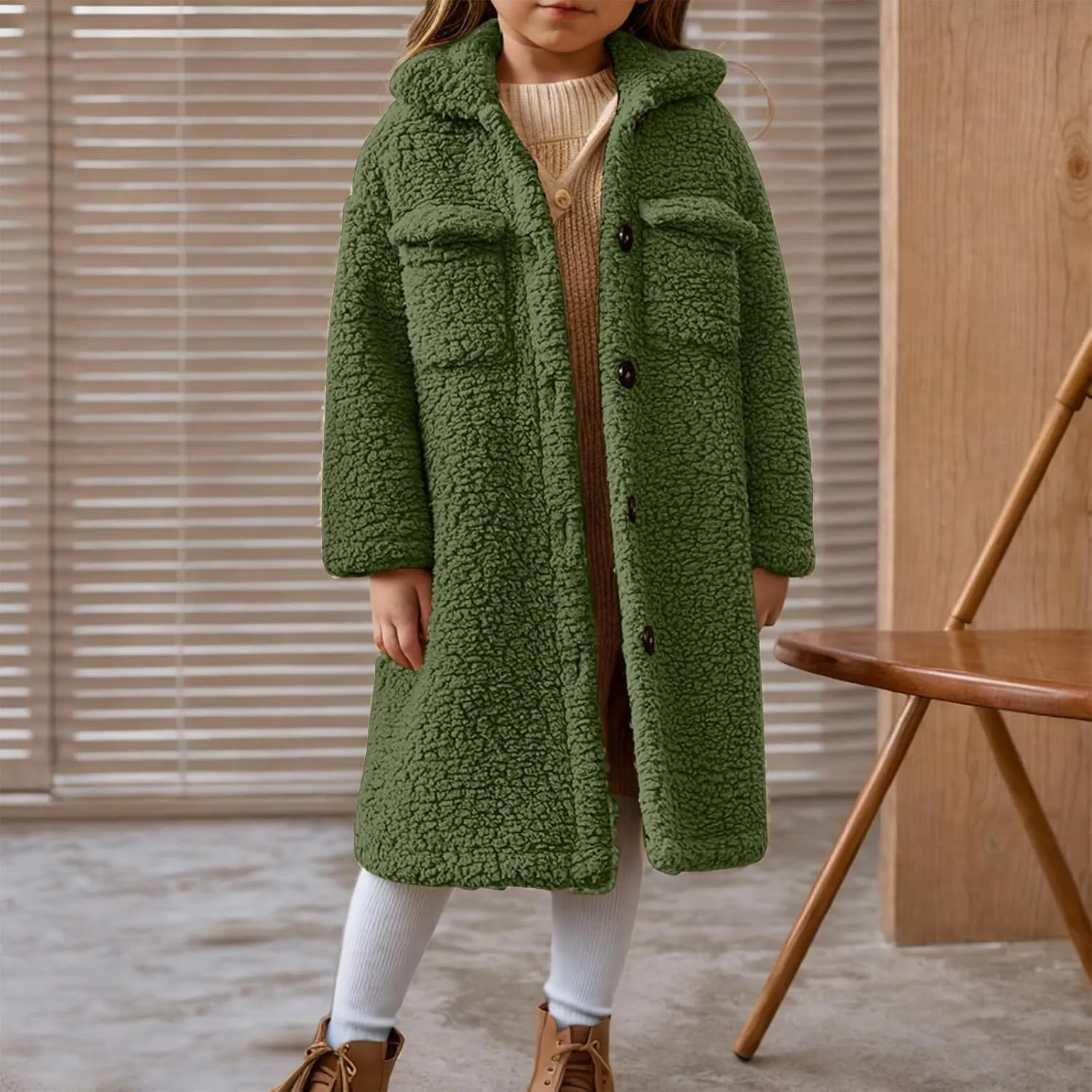 Girls Winter Long Coat Thick Warm Sherpa Teddy Jacket Casual Button Down Fleece Overcoat Faux Fur Outwear 3-12 Years