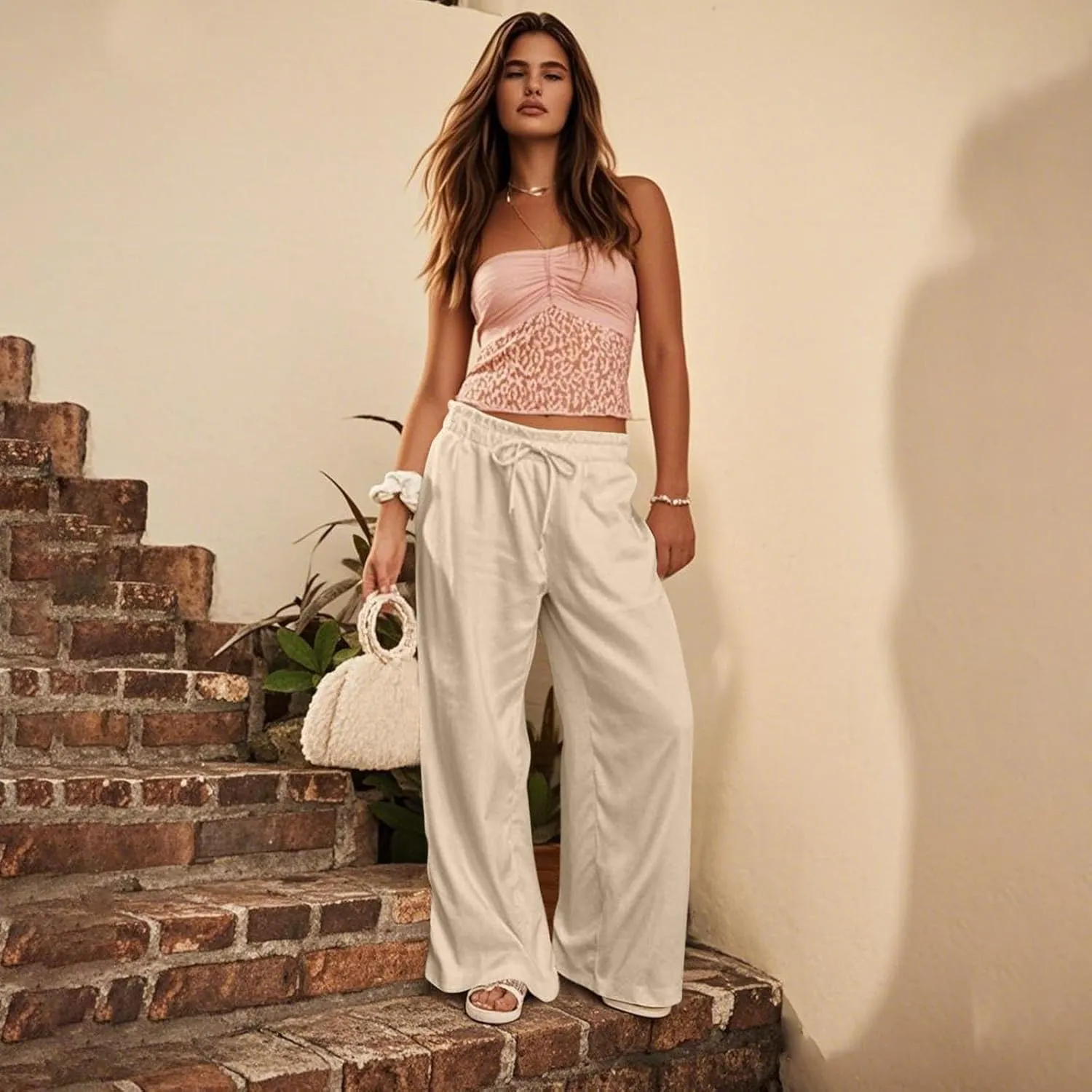 GOFULY Linen Pants for Women Wide Leg Trendy High Waisted Pants with Pockets Elastic Waist Drawstring Summer Solid Clothes