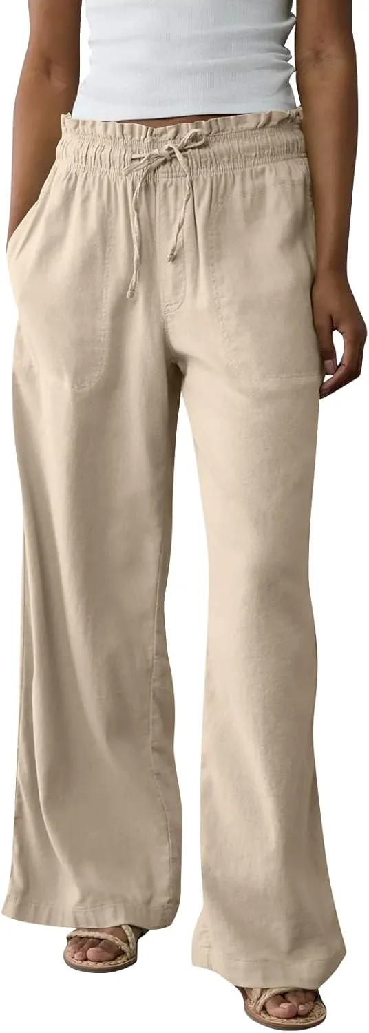 GOFULY Linen Pants for Women Wide Leg Trendy High Waisted Pants with Pockets Elastic Waist Drawstring Summer Solid Clothes
