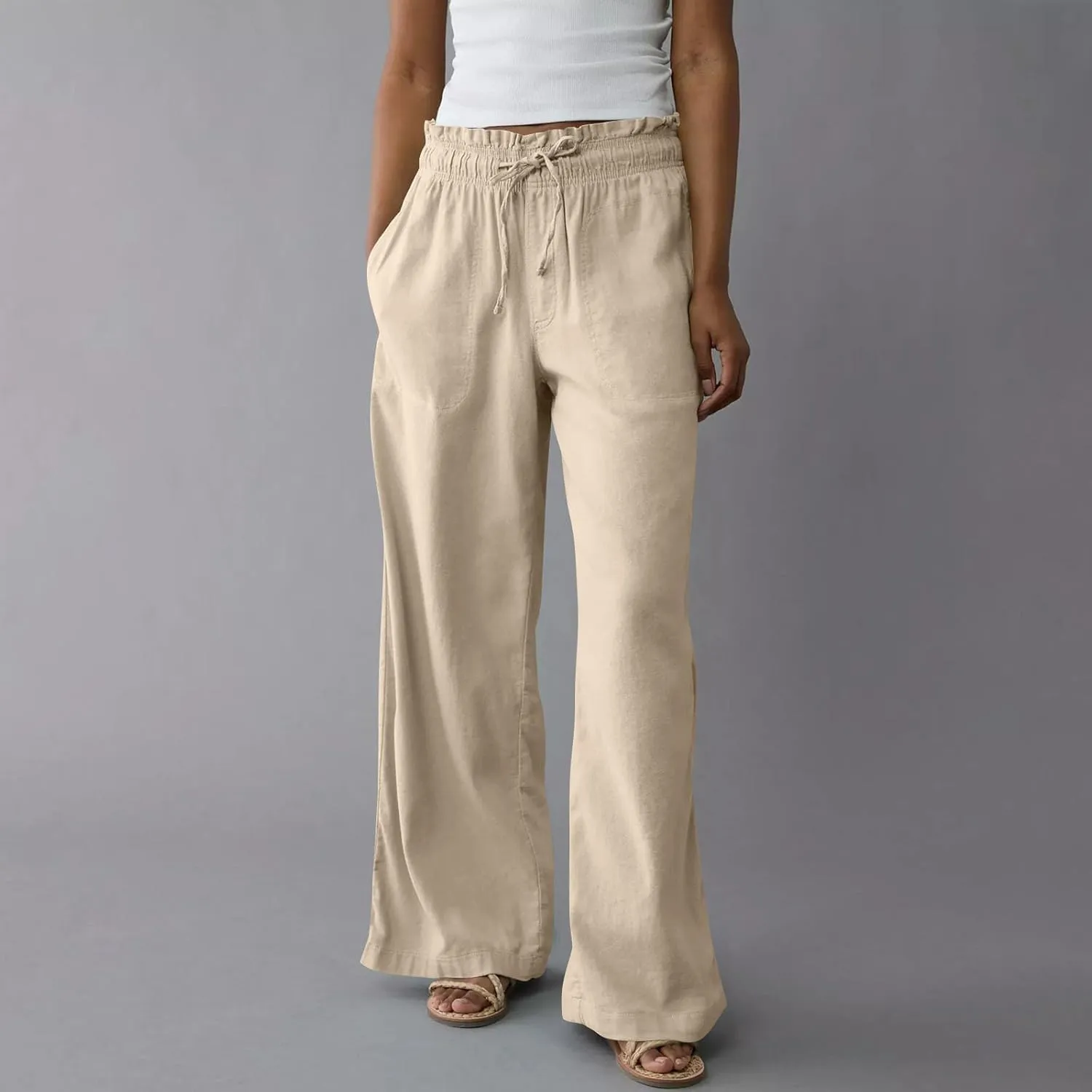 GOFULY Linen Pants for Women Wide Leg Trendy High Waisted Pants with Pockets Elastic Waist Drawstring Summer Solid Clothes