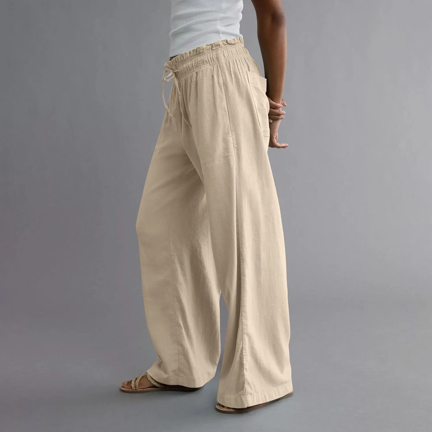 GOFULY Linen Pants for Women Wide Leg Trendy High Waisted Pants with Pockets Elastic Waist Drawstring Summer Solid Clothes