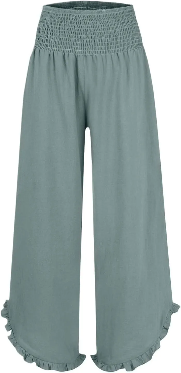 GOFULY Wide Leg Linen Pants Women Beach Flowy Summer Elastic Waist Palazzo Pants High Waisted Pockets Cropped Solid Trousers