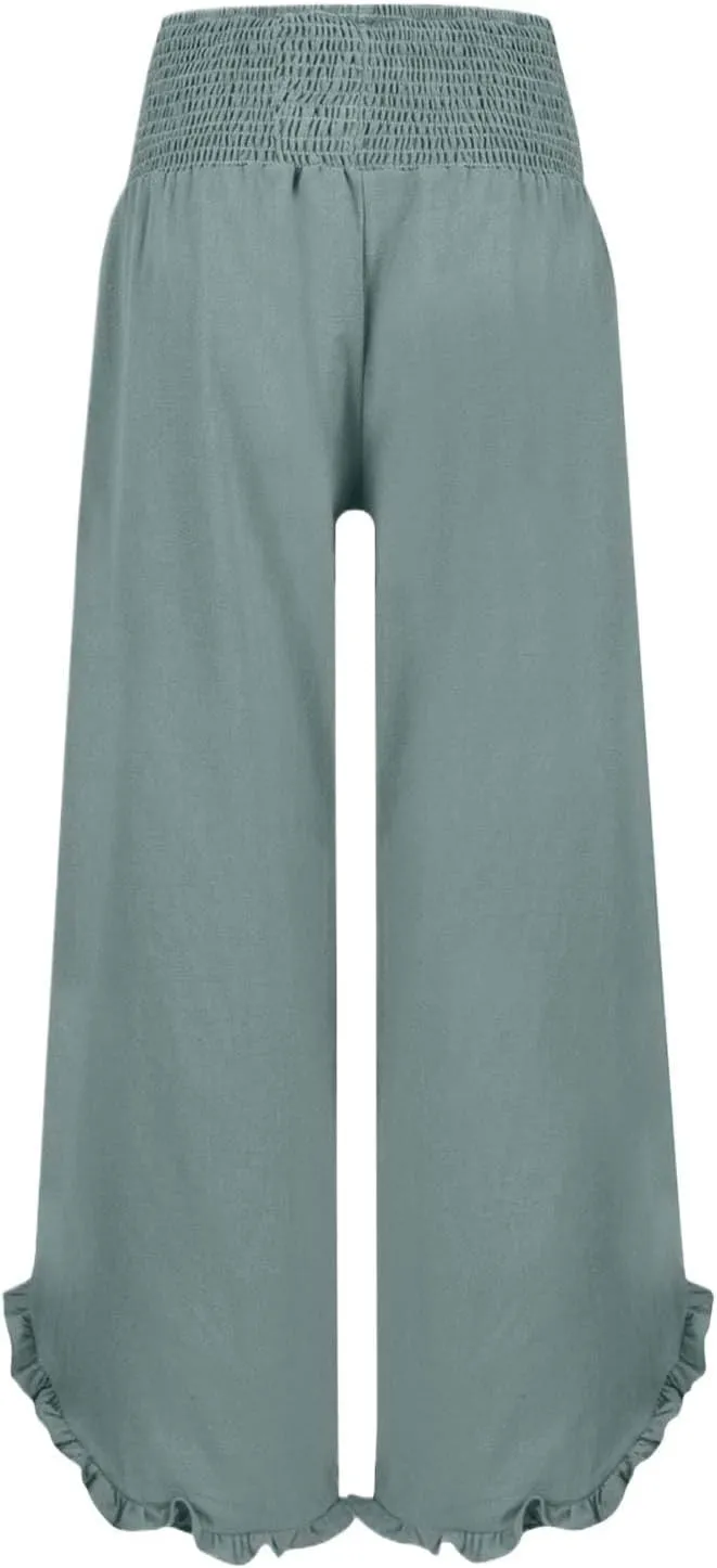 GOFULY Wide Leg Linen Pants Women Beach Flowy Summer Elastic Waist Palazzo Pants High Waisted Pockets Cropped Solid Trousers