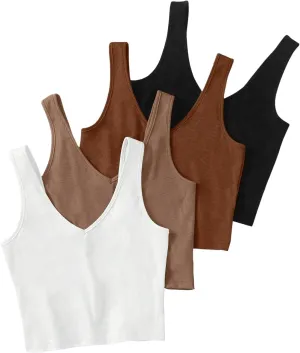 GORGLITTER Women's 4 Pack Basic Ribbed Knit Crop Tank Tops Sleeveless Workout Sports Crop Top