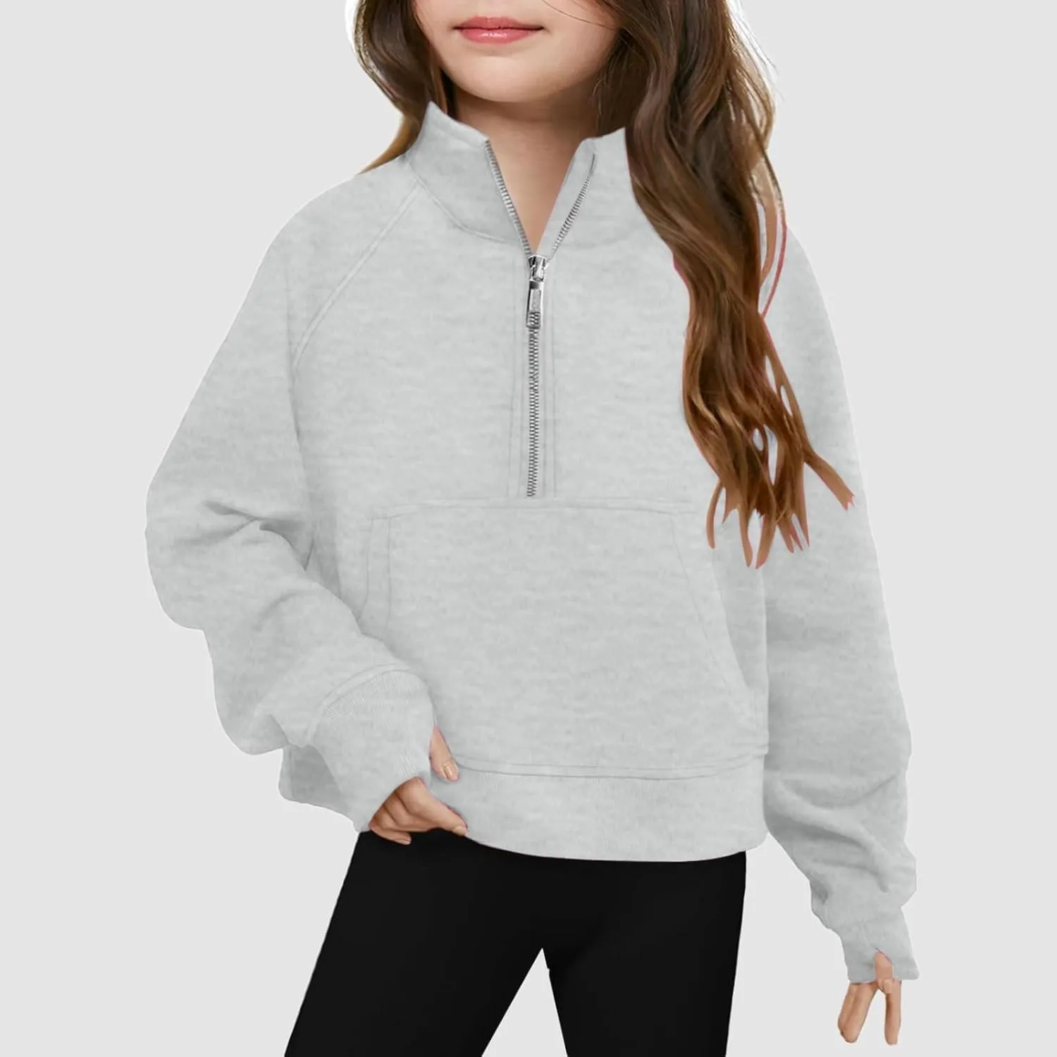 Half Zip Crop Sweatshirt for Girls Long Sleeve Pullover Tops Kids Lightweight Fleece Winter Cozy Athletic Clothes