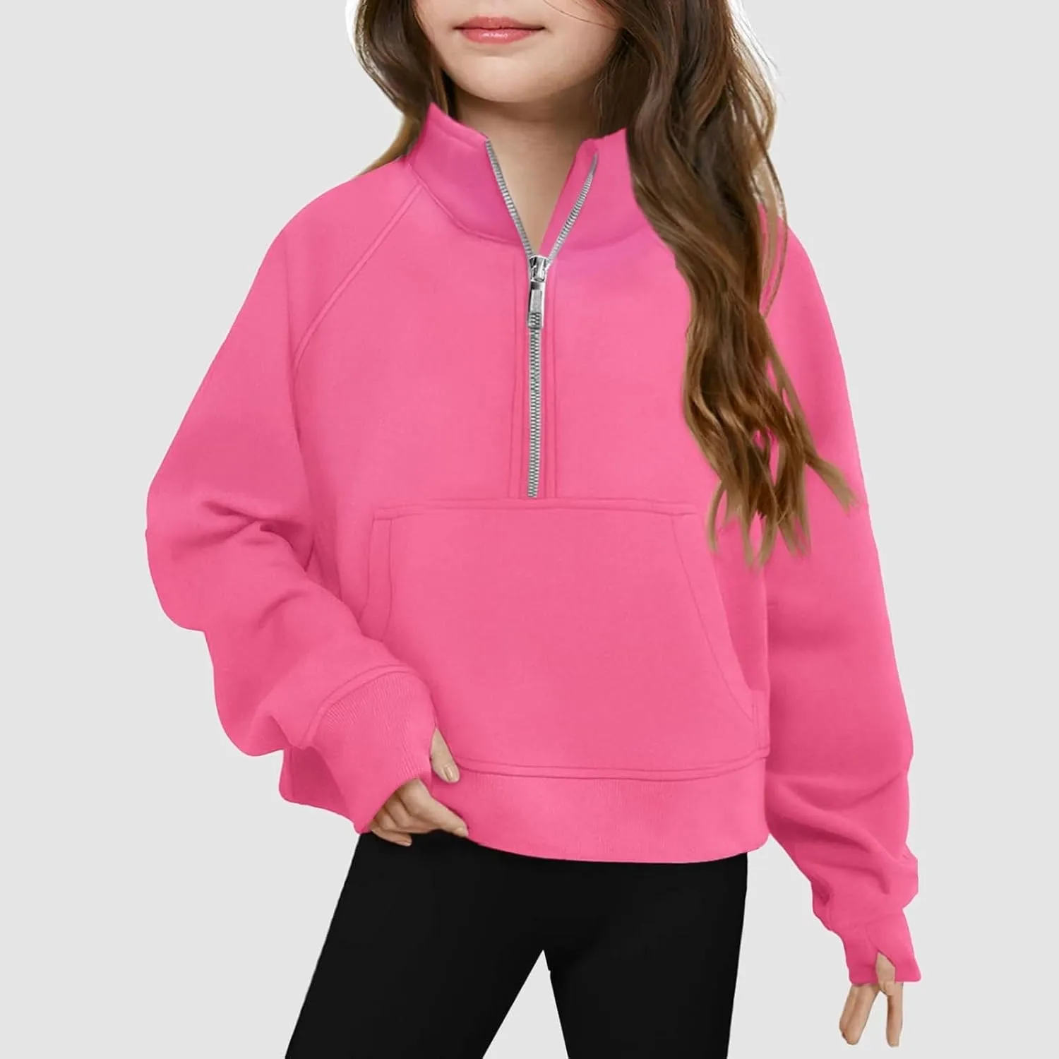 Half Zip Crop Sweatshirt for Girls Long Sleeve Pullover Tops Kids Lightweight Fleece Winter Cozy Athletic Clothes