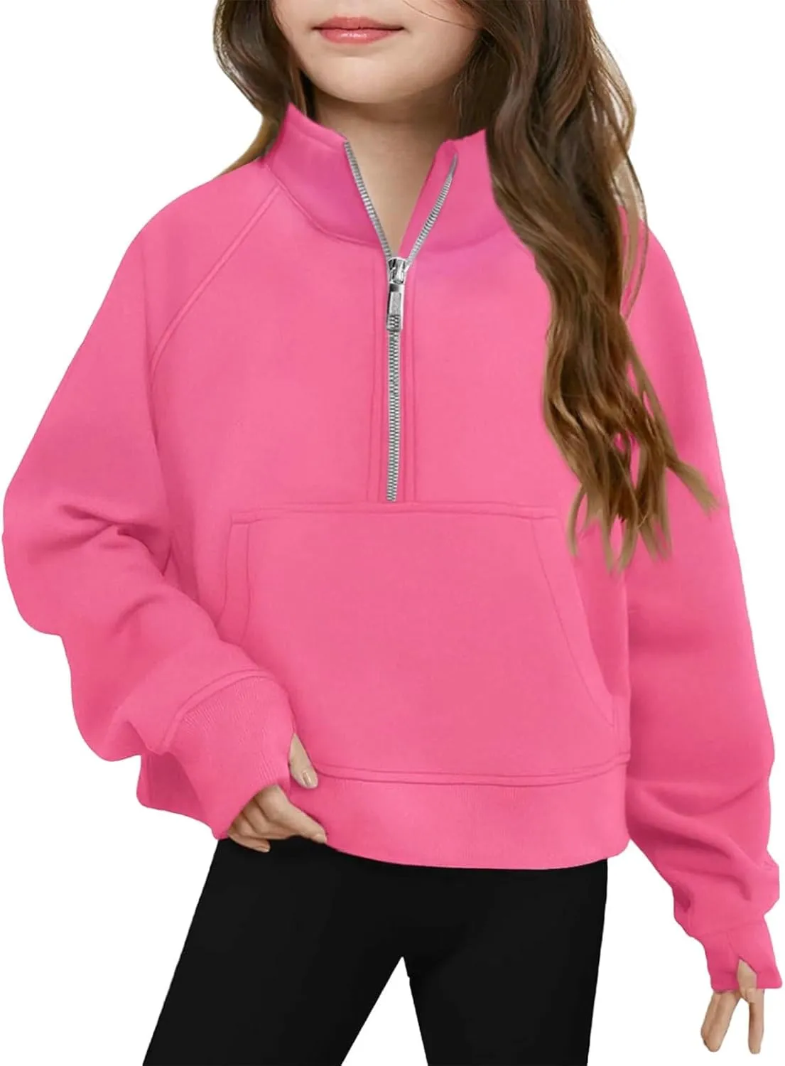 Half Zip Crop Sweatshirt for Girls Long Sleeve Pullover Tops Kids Lightweight Fleece Winter Cozy Athletic Clothes
