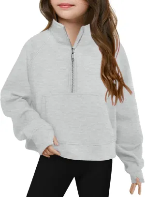 Half Zip Crop Sweatshirt for Girls Long Sleeve Pullover Tops Kids Lightweight Fleece Winter Cozy Athletic Clothes
