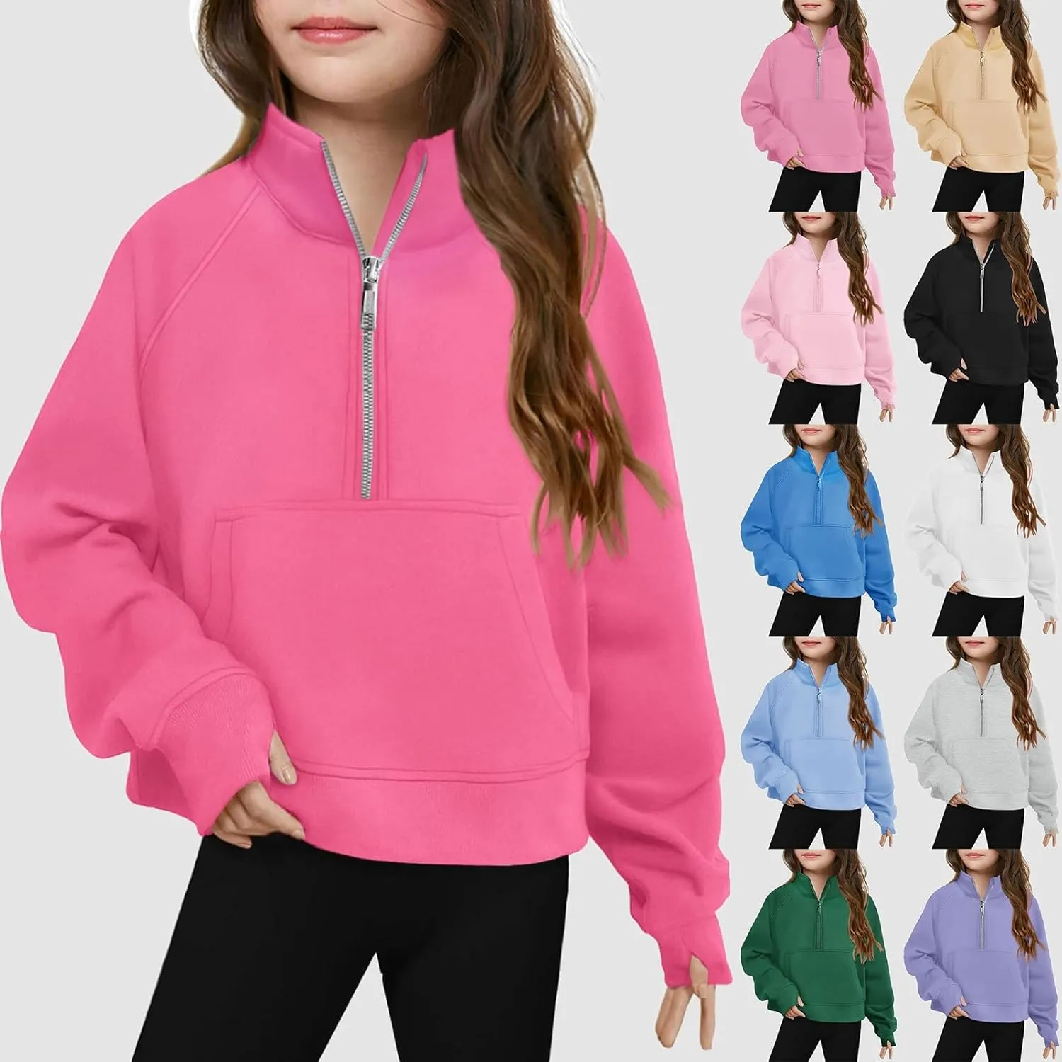 Half Zip Crop Sweatshirt for Girls Long Sleeve Pullover Tops Kids Lightweight Fleece Winter Cozy Athletic Clothes