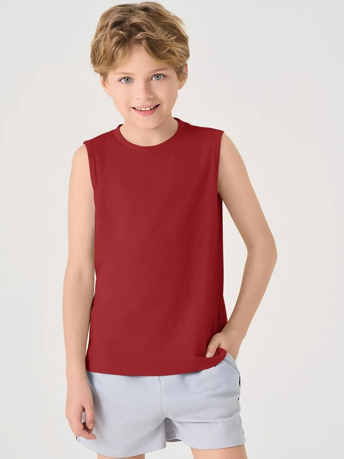 Haloumoning Boys Tank Tops Casual Sleeveless Crewneck Athletic Workout Tees Basic Solid Undershirts 5-14 Years