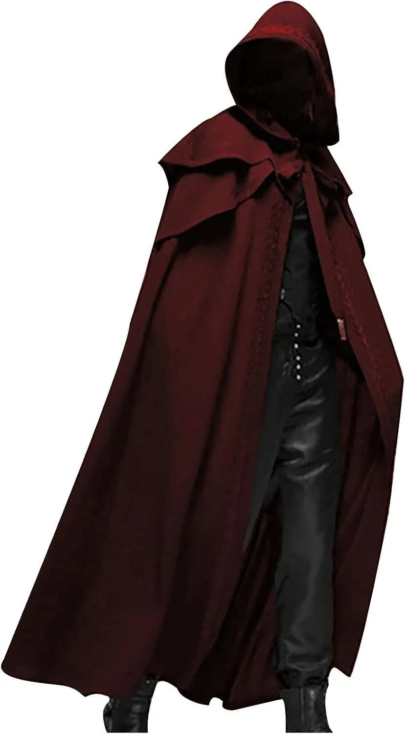 hhaappyy Men's Halloween Hooded Robe Cloak Full Length Cape Knight Fancy Cool Cosplay Costume Retro Gothic Hooded Cloak Capes, Red