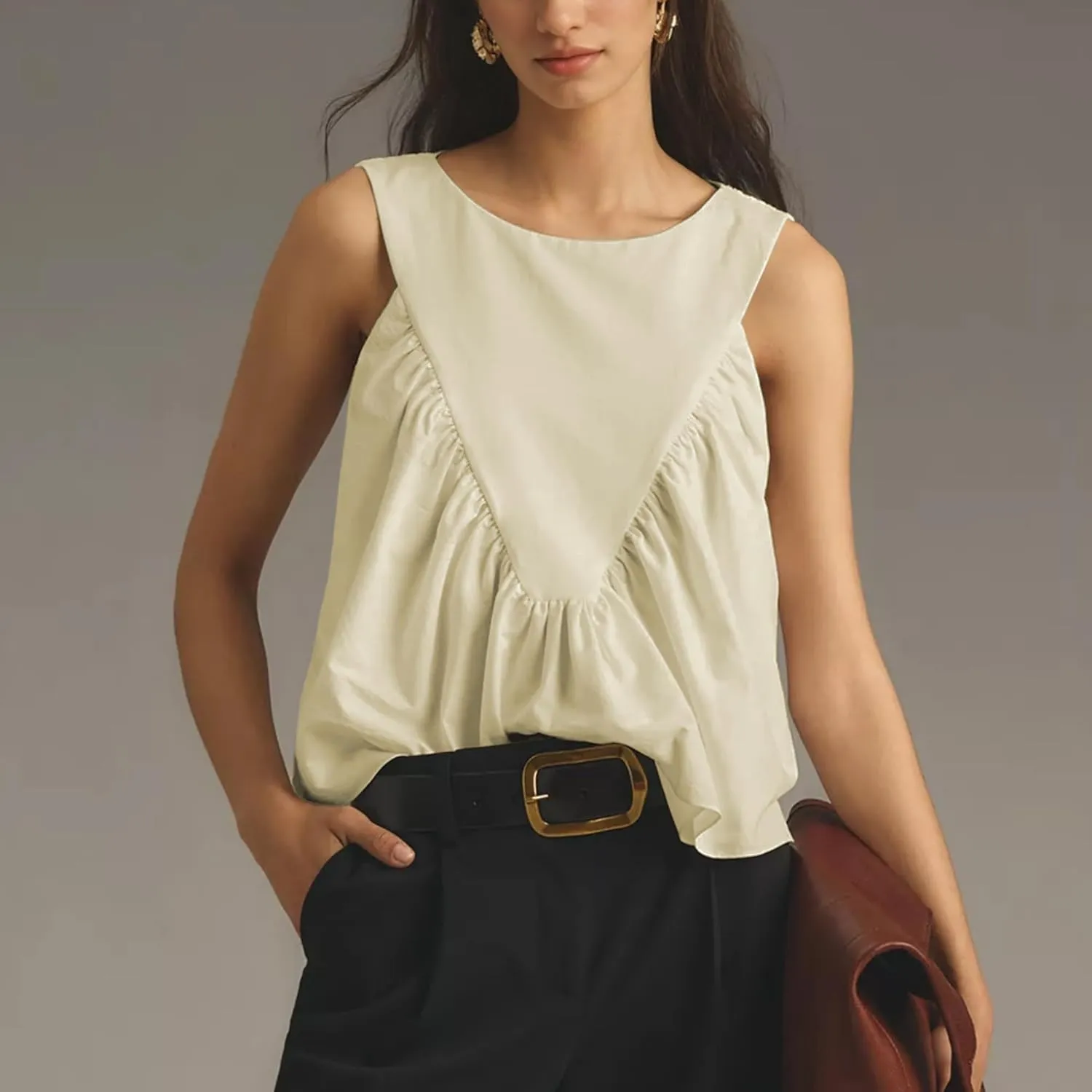 Hixiaohe Shirred Swing Tank Tops for Women Fashion Flowy Sleeveless Shirts Casual Crew Neck Blouse Loose Fit Ruffled Tops