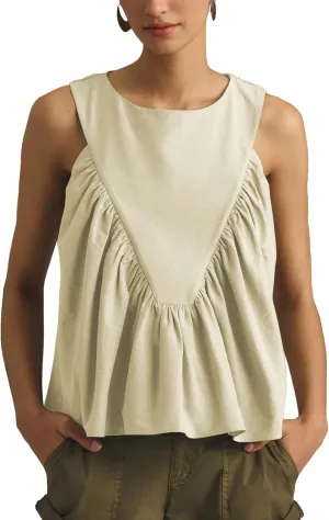 Hixiaohe Shirred Swing Tank Tops for Women Fashion Flowy Sleeveless Shirts Casual Crew Neck Blouse Loose Fit Ruffled Tops