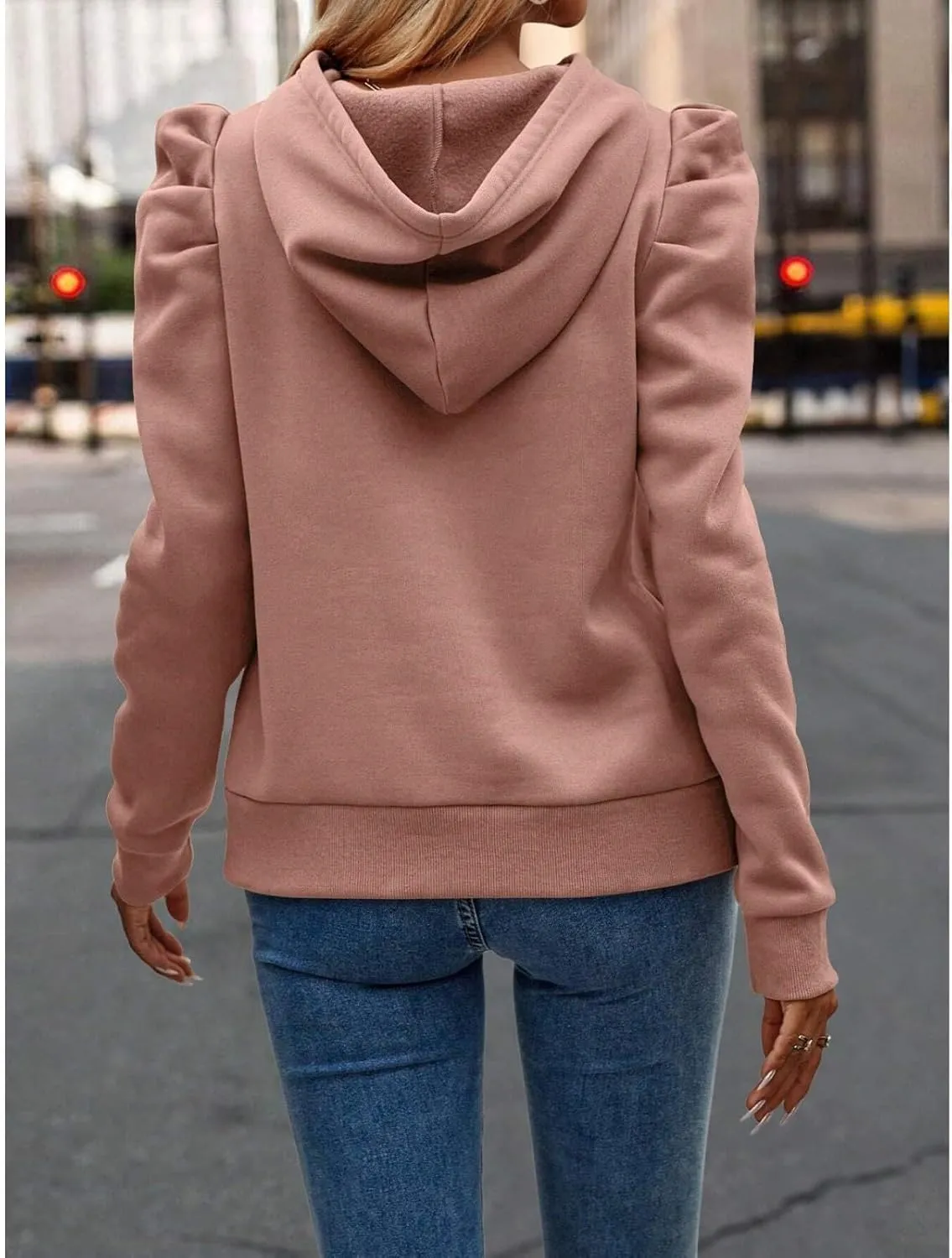 Hoodies for Women Drawstring Puff Long Sleeve Sweatshirt Casual Loose Fit Hooded Neck Pullover Sweater