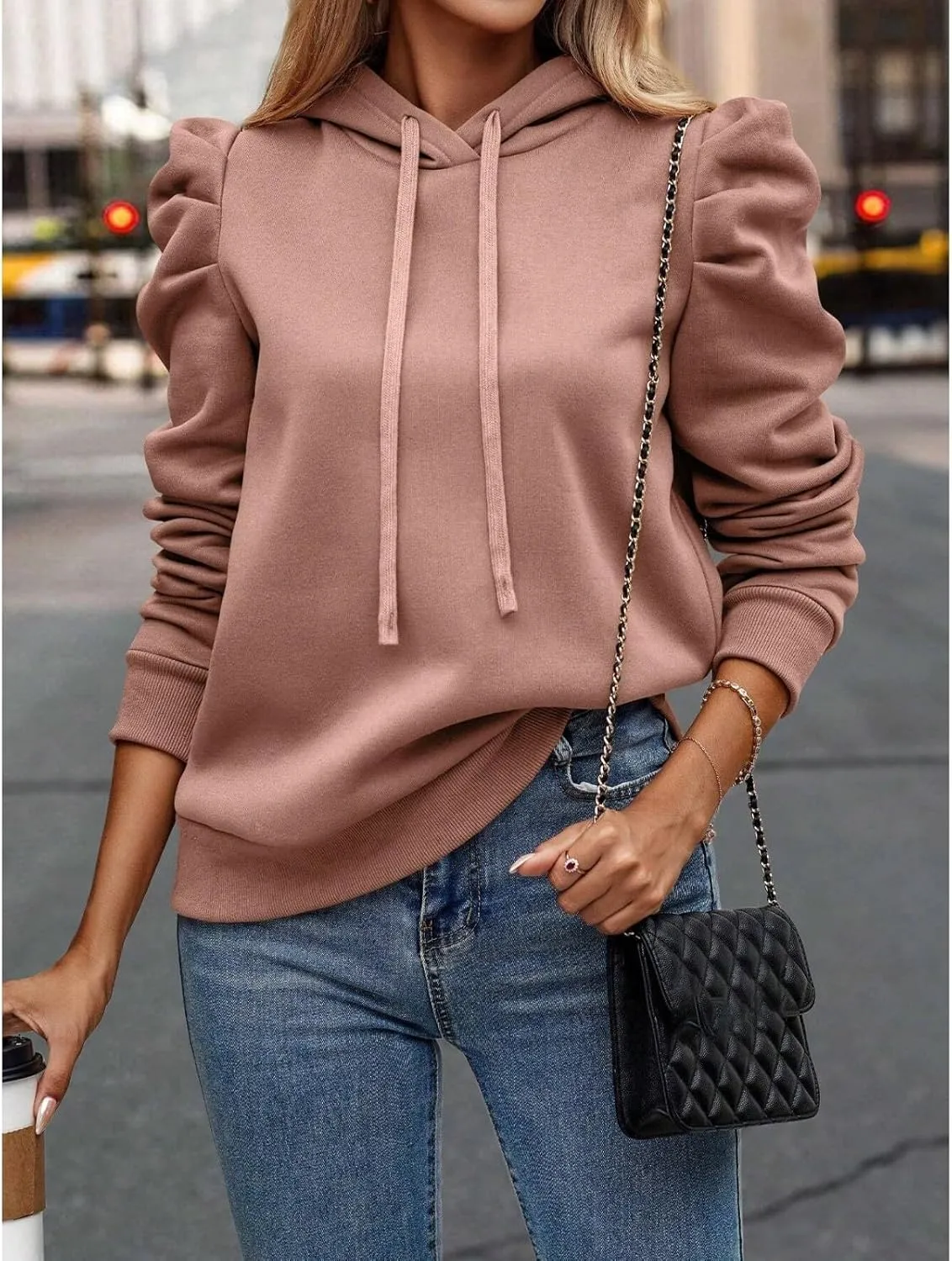 Hoodies for Women Drawstring Puff Long Sleeve Sweatshirt Casual Loose Fit Hooded Neck Pullover Sweater