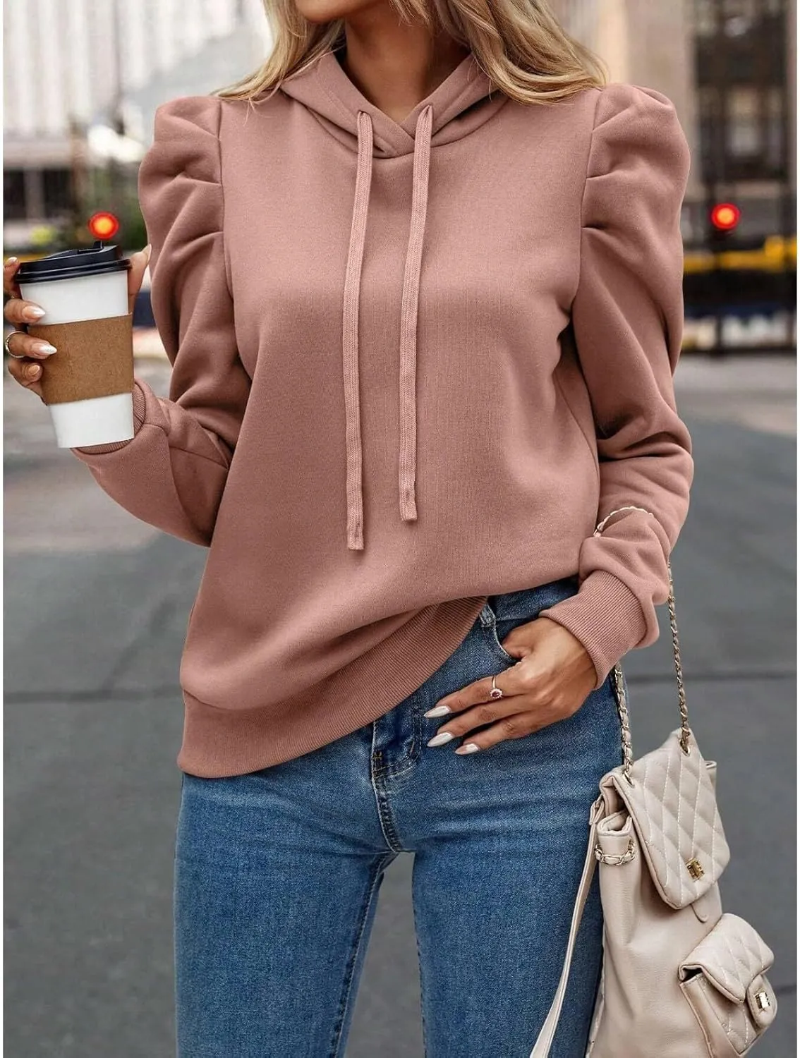 Hoodies for Women Drawstring Puff Long Sleeve Sweatshirt Casual Loose Fit Hooded Neck Pullover Sweater