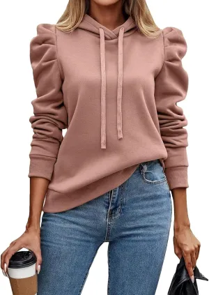 Hoodies for Women Drawstring Puff Long Sleeve Sweatshirt Casual Loose Fit Hooded Neck Pullover Sweater