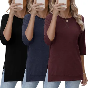 Huukeay 3 Pack Women's 3/4 Sleeve Cotton Tunic Tops Side Slit Loose Fit Round Neck Tee Shirt Casual Basic Blouse for Leggings