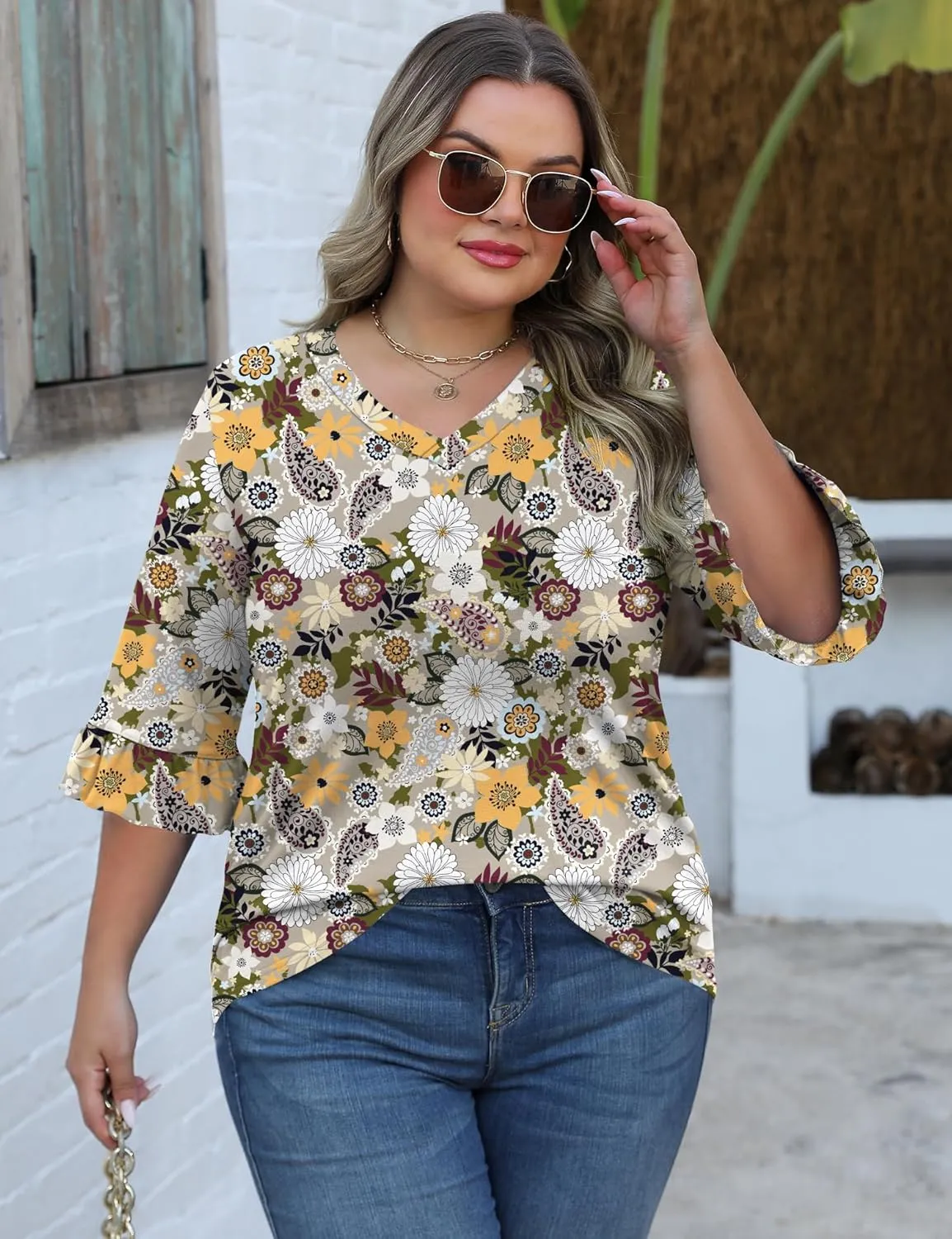 IECCP Womens Plus Size Tops 3/4 Length Sleeve Shirts Casual V-Neck Ruffle Sleeve Textured Tunic Blouse (1X-5X)