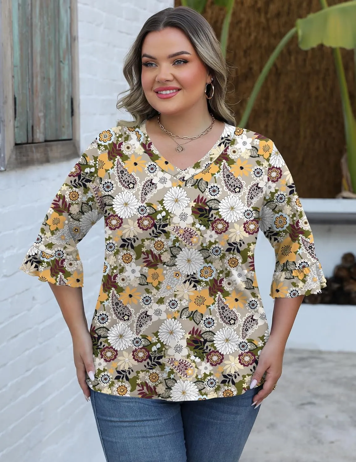 IECCP Womens Plus Size Tops 3/4 Length Sleeve Shirts Casual V-Neck Ruffle Sleeve Textured Tunic Blouse (1X-5X)
