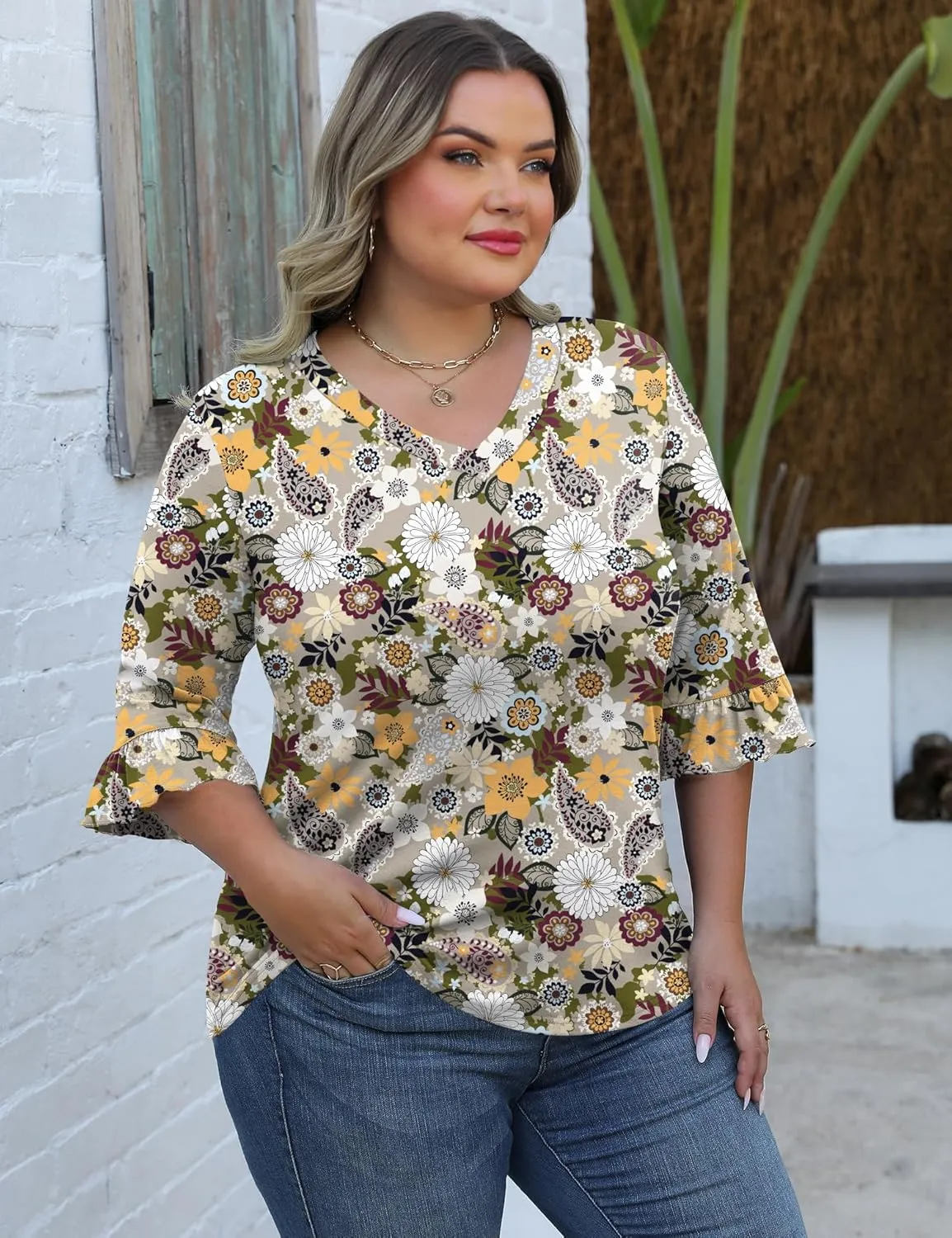 IECCP Womens Plus Size Tops 3/4 Length Sleeve Shirts Casual V-Neck Ruffle Sleeve Textured Tunic Blouse (1X-5X)