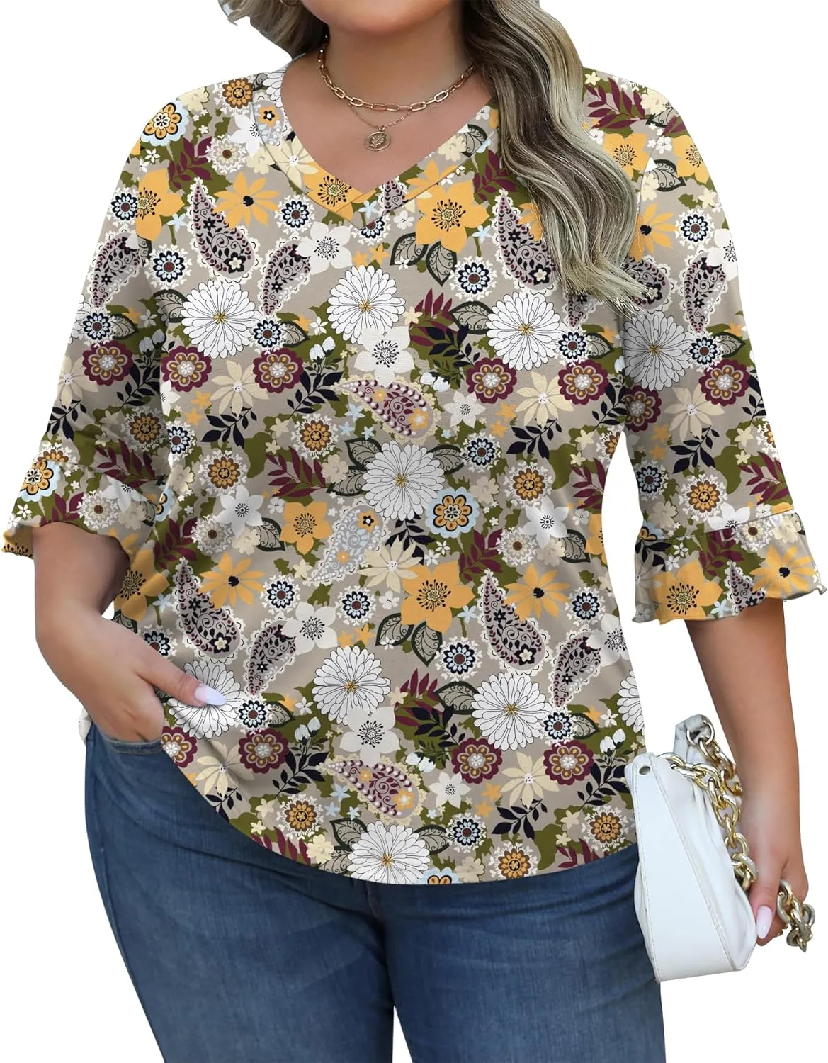 IECCP Womens Plus Size Tops 3/4 Length Sleeve Shirts Casual V-Neck Ruffle Sleeve Textured Tunic Blouse (1X-5X)